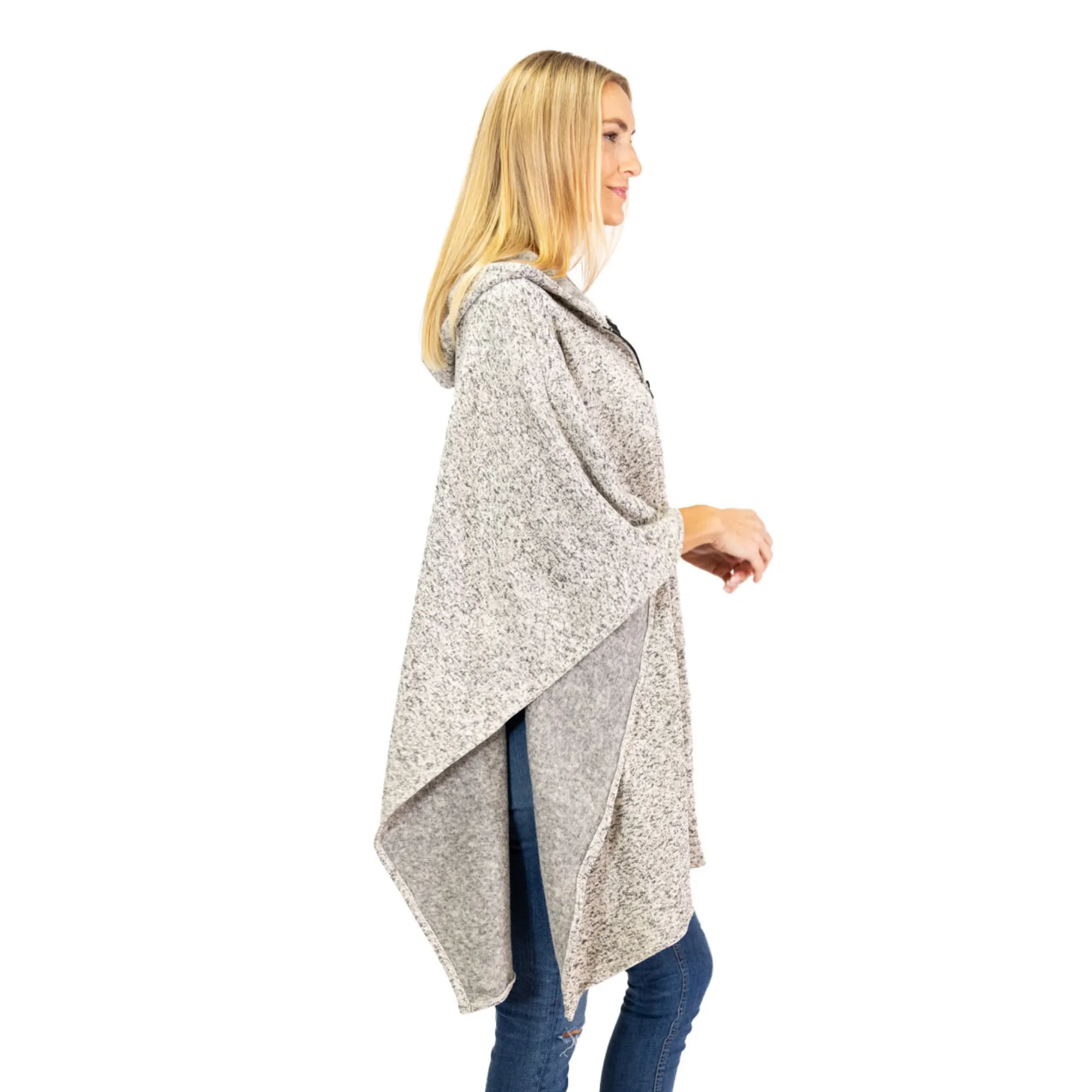 Heather Anne Hooded Full Zip Marl Knit Fleece Poncho