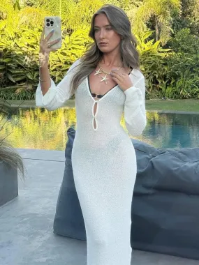 Hollow V Neck Long Sleeve Maxi Dresses Knit White Dress Womens Elegant Sexy Beach Cover Up Vacation Outfits C16-EC26