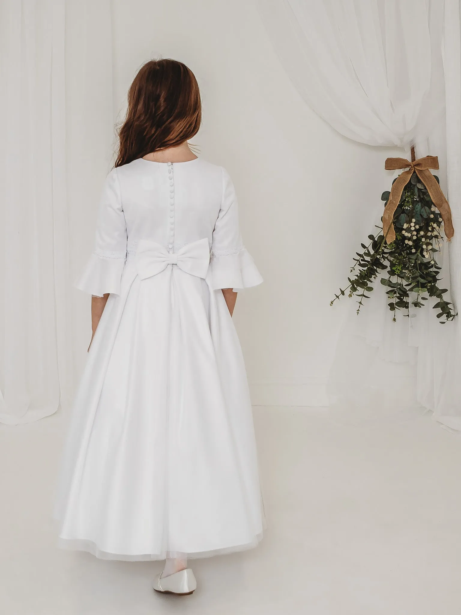 'Ines' White Lace Fluted Sleeve Communion Dress