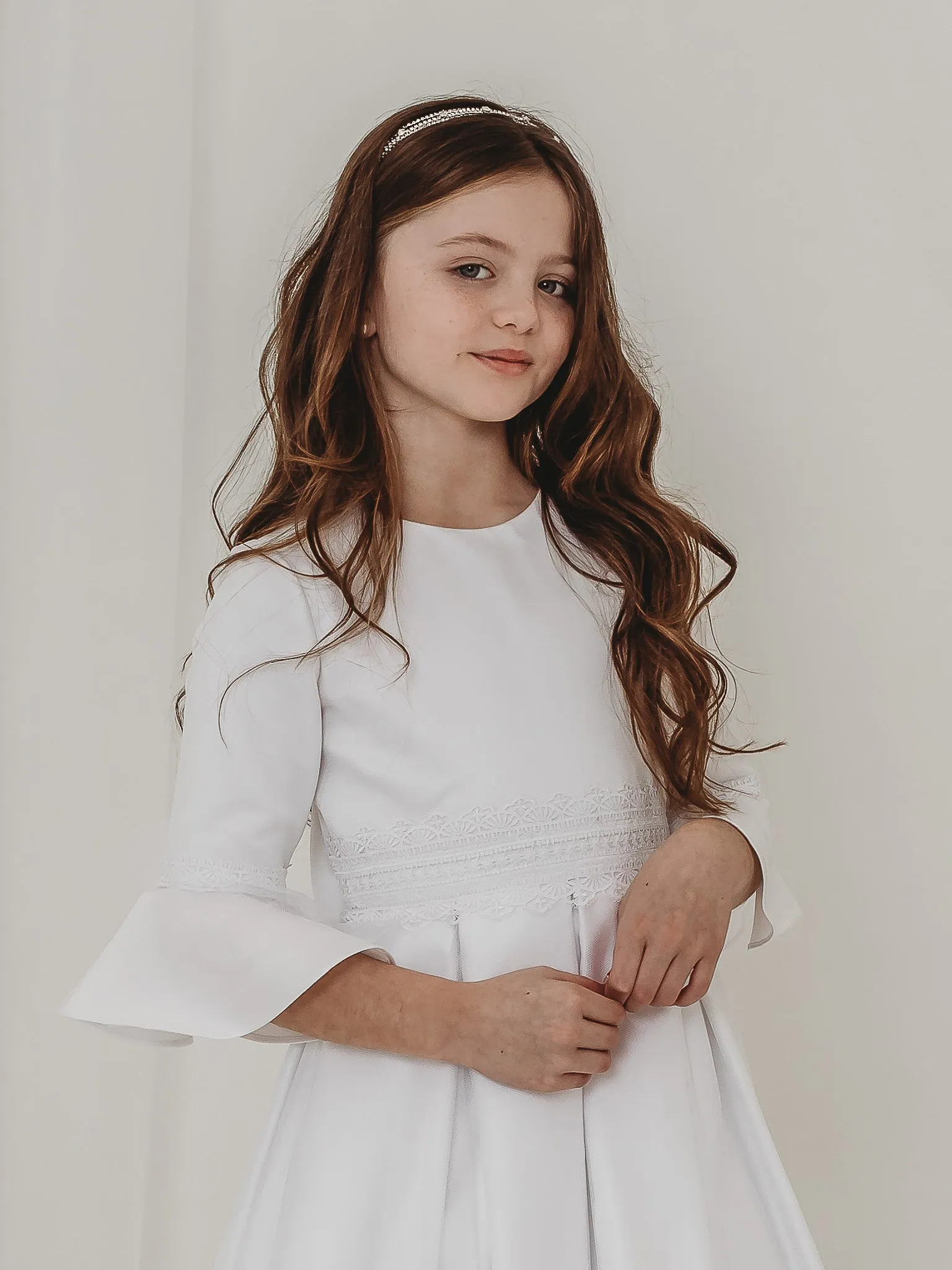 'Ines' White Lace Fluted Sleeve Communion Dress