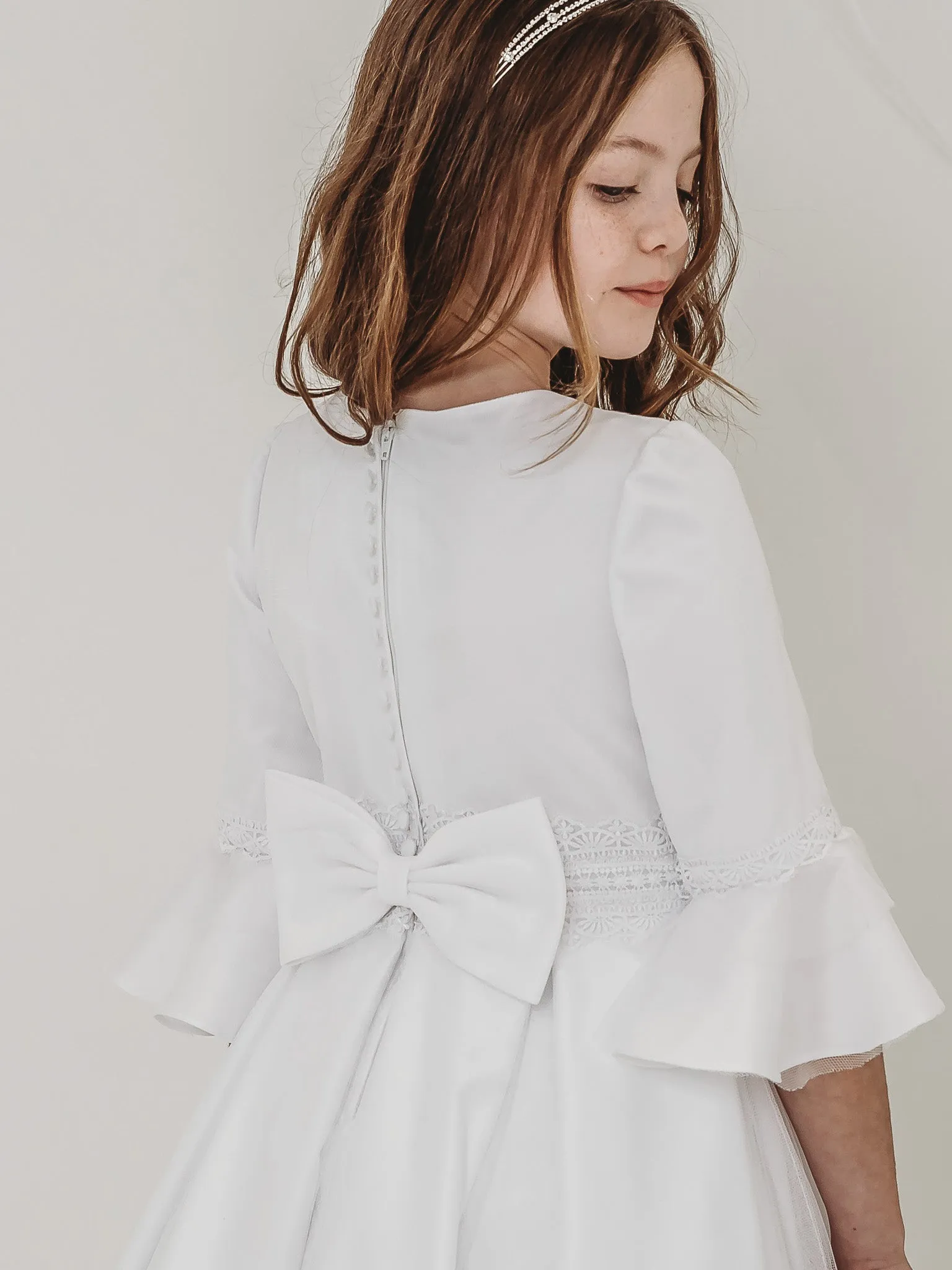 'Ines' White Lace Fluted Sleeve Communion Dress