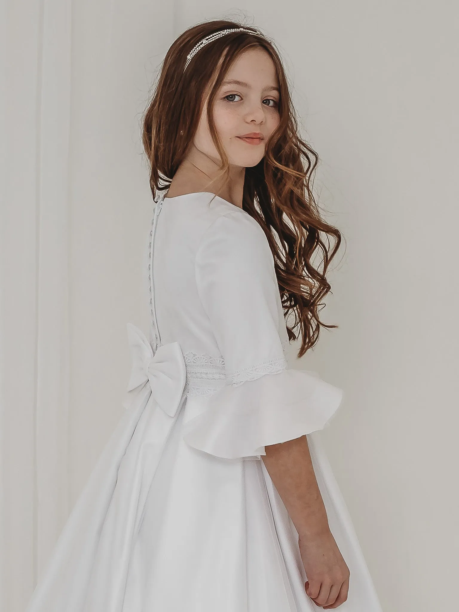 'Ines' White Lace Fluted Sleeve Communion Dress