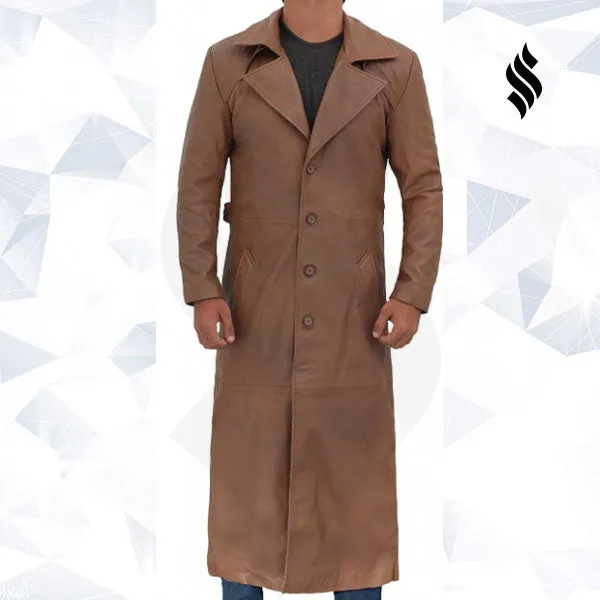 Jackson Mens Leather Long Brown Trench Coat
