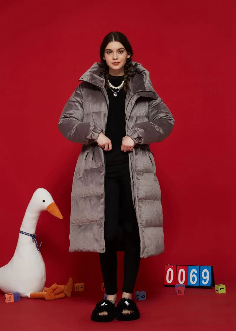 Khaki Hooded Goose Down Puffer Long Coat