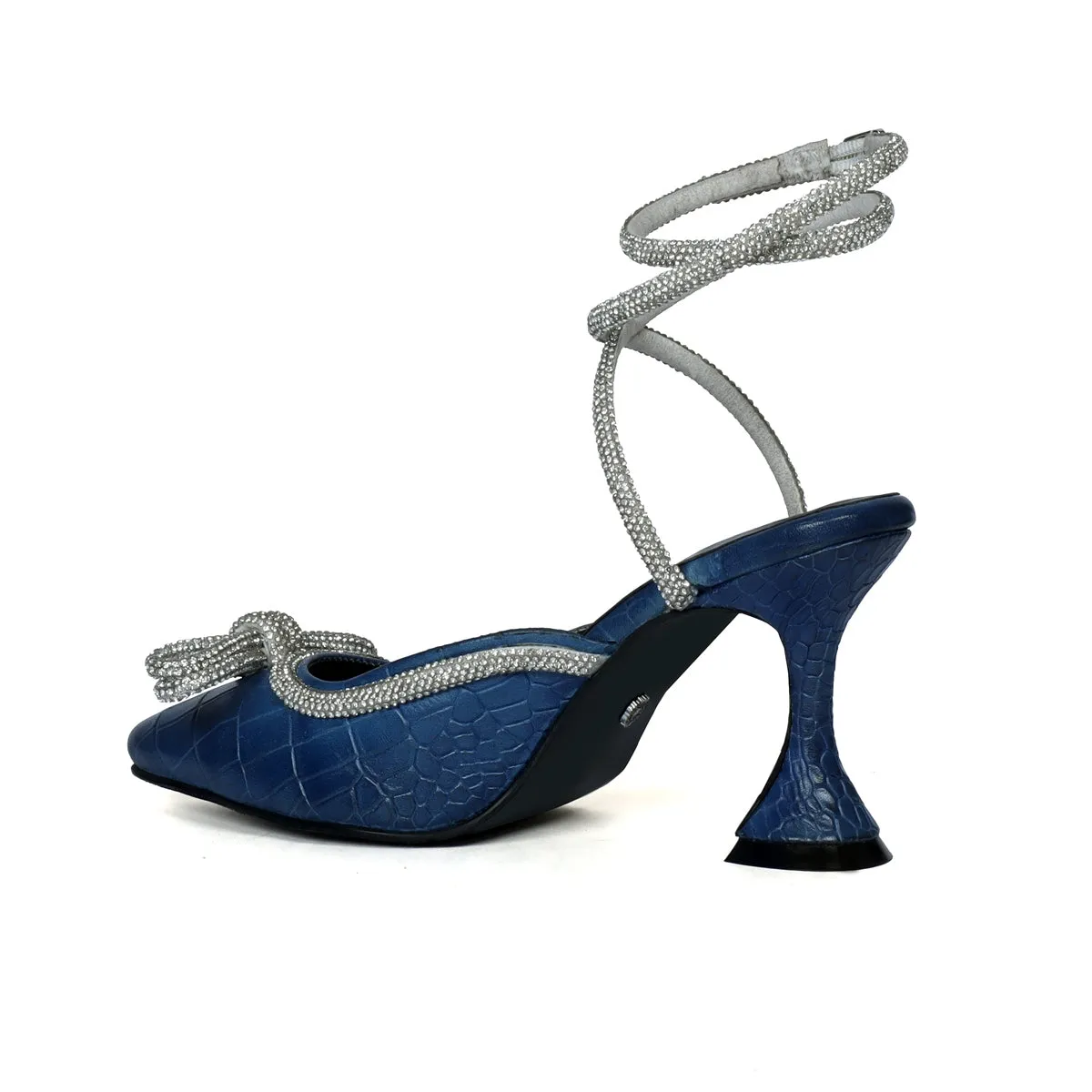Knot-bow Blue Fluted Heel Buckled Strap Ladies Sandals