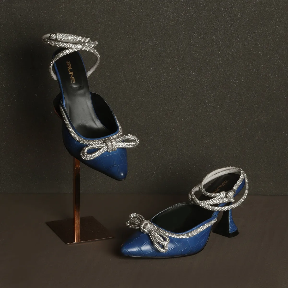 Knot-bow Blue Fluted Heel Buckled Strap Ladies Sandals