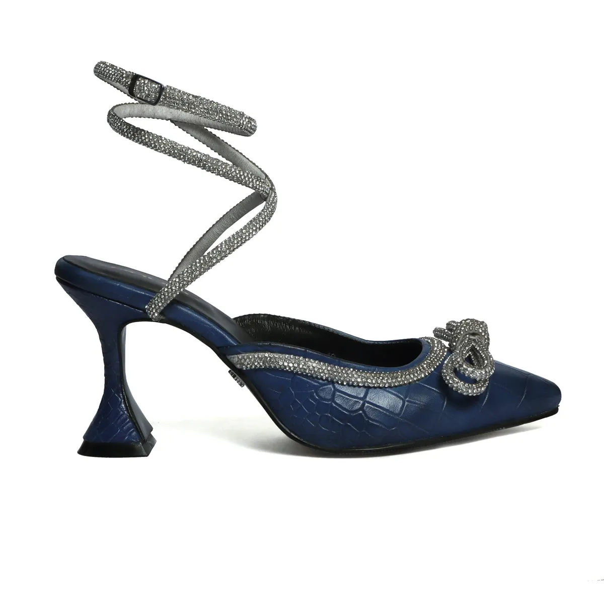 Knot-bow Blue Fluted Heel Buckled Strap Ladies Sandals