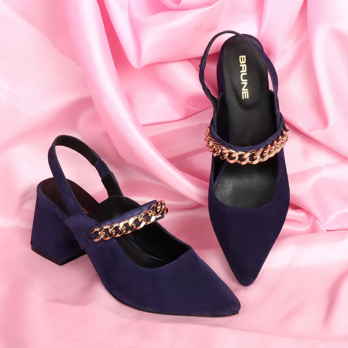 Low Heel Blue Ankle Strap Chic Sandals Beige Pointed Toe Slingback Block Heel Pumps By Brune & Bareskin