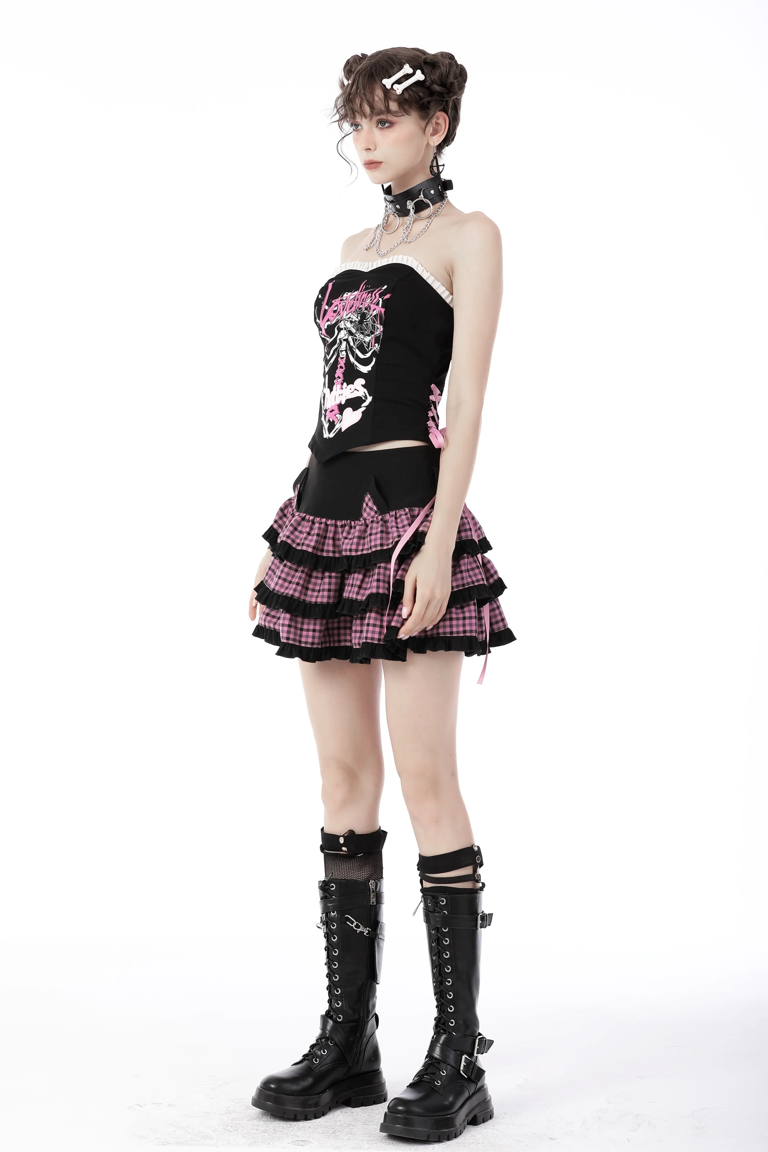 Magic cat plaid layered frilly mini skirt KW233
