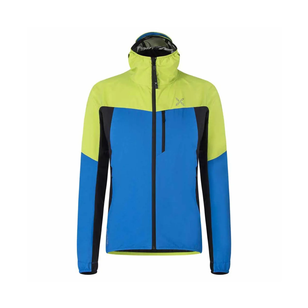 MEN&#x27;S FULL ZIP WINDPROOF JACKET WITH HOOD IN GORE-TEX LIME GREEN LIGHT BLUE