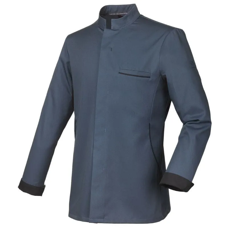 Men's Long Sleeve Ocean Blue Chef Coat With Black Piping - ROBUR