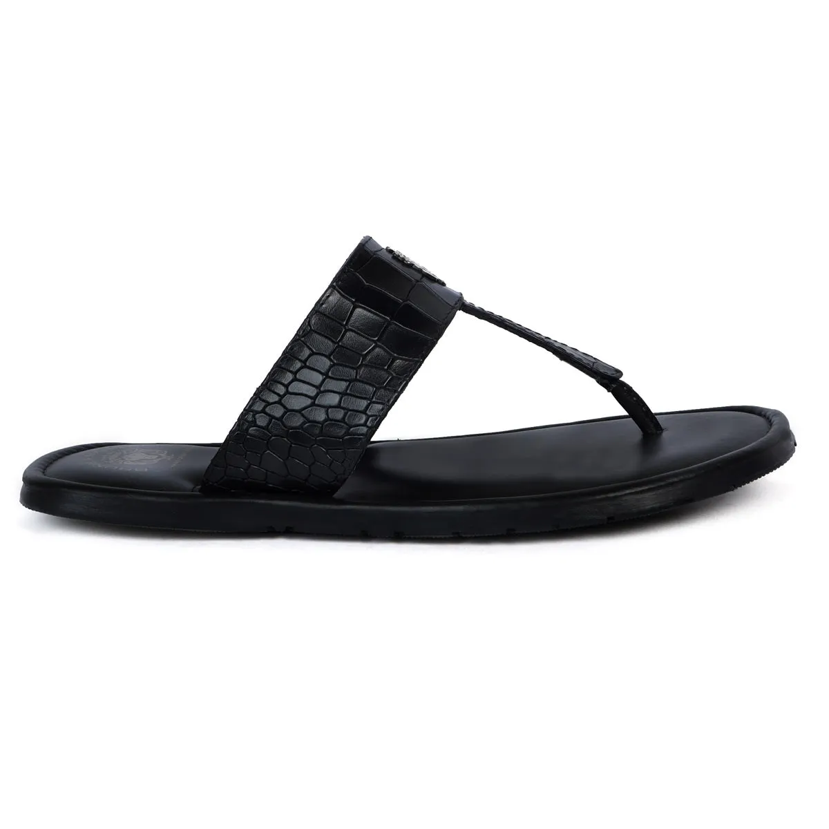 Men's T-Strap Slide-In Slippers in Black Deep Cut Leather
