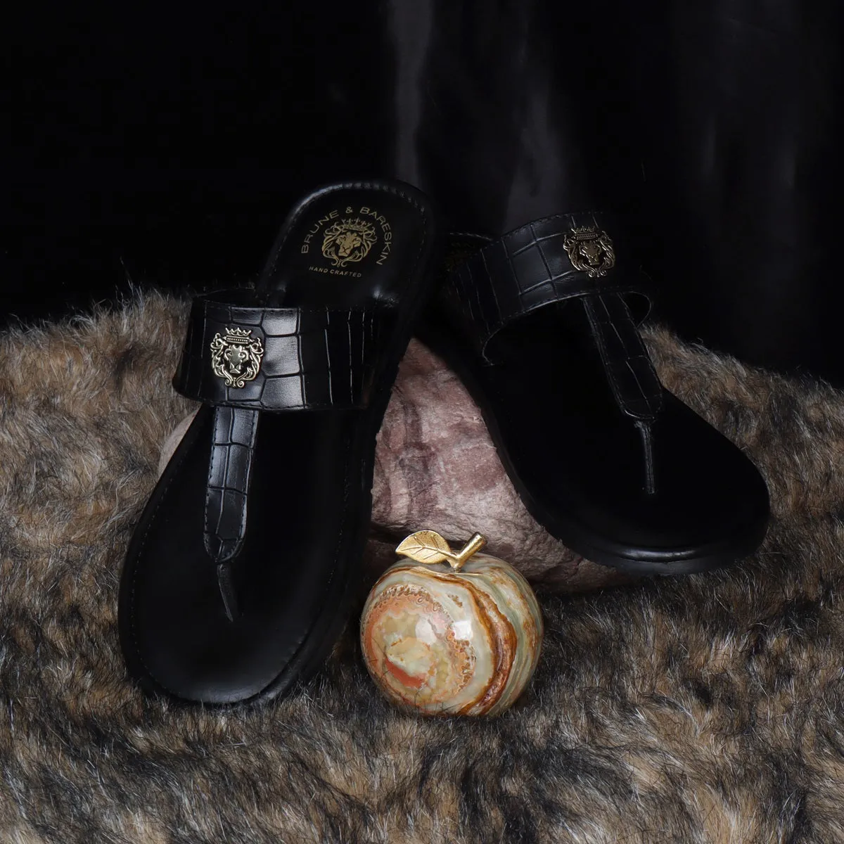 Men's T-Strap Slide-In Slippers in Black Deep Cut Leather