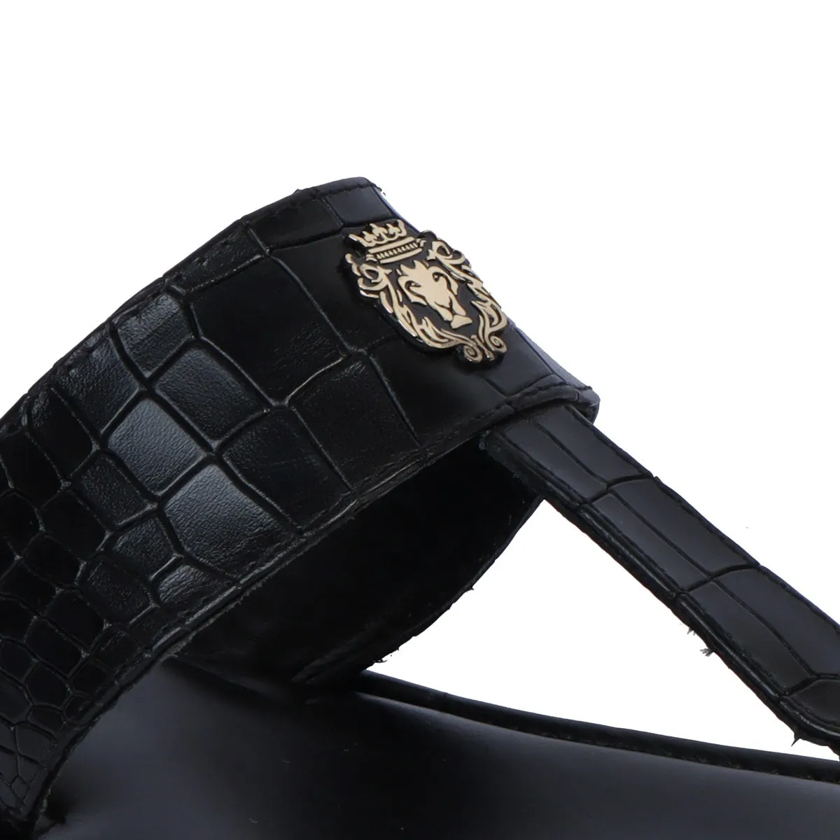Men's T-Strap Slide-In Slippers in Black Deep Cut Leather
