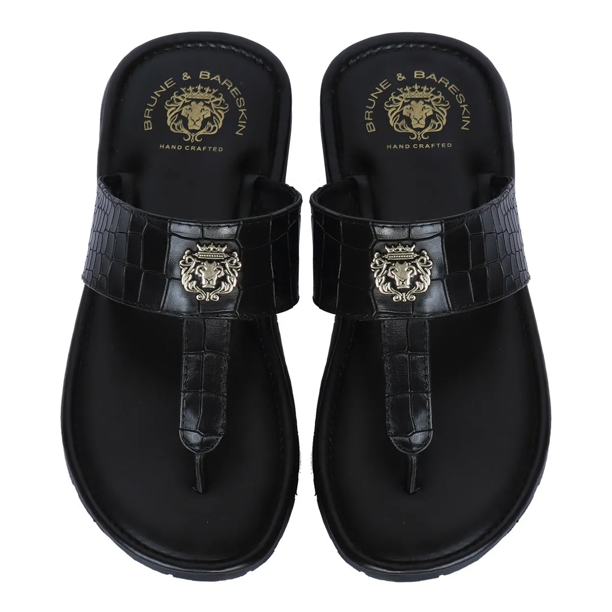 Men's T-Strap Slide-In Slippers in Black Deep Cut Leather