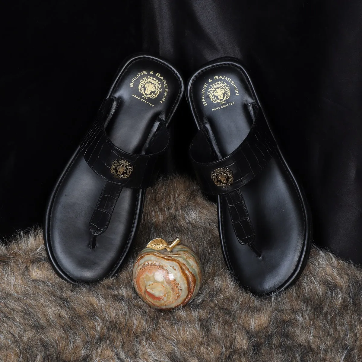 Men's T-Strap Slide-In Slippers in Black Deep Cut Leather