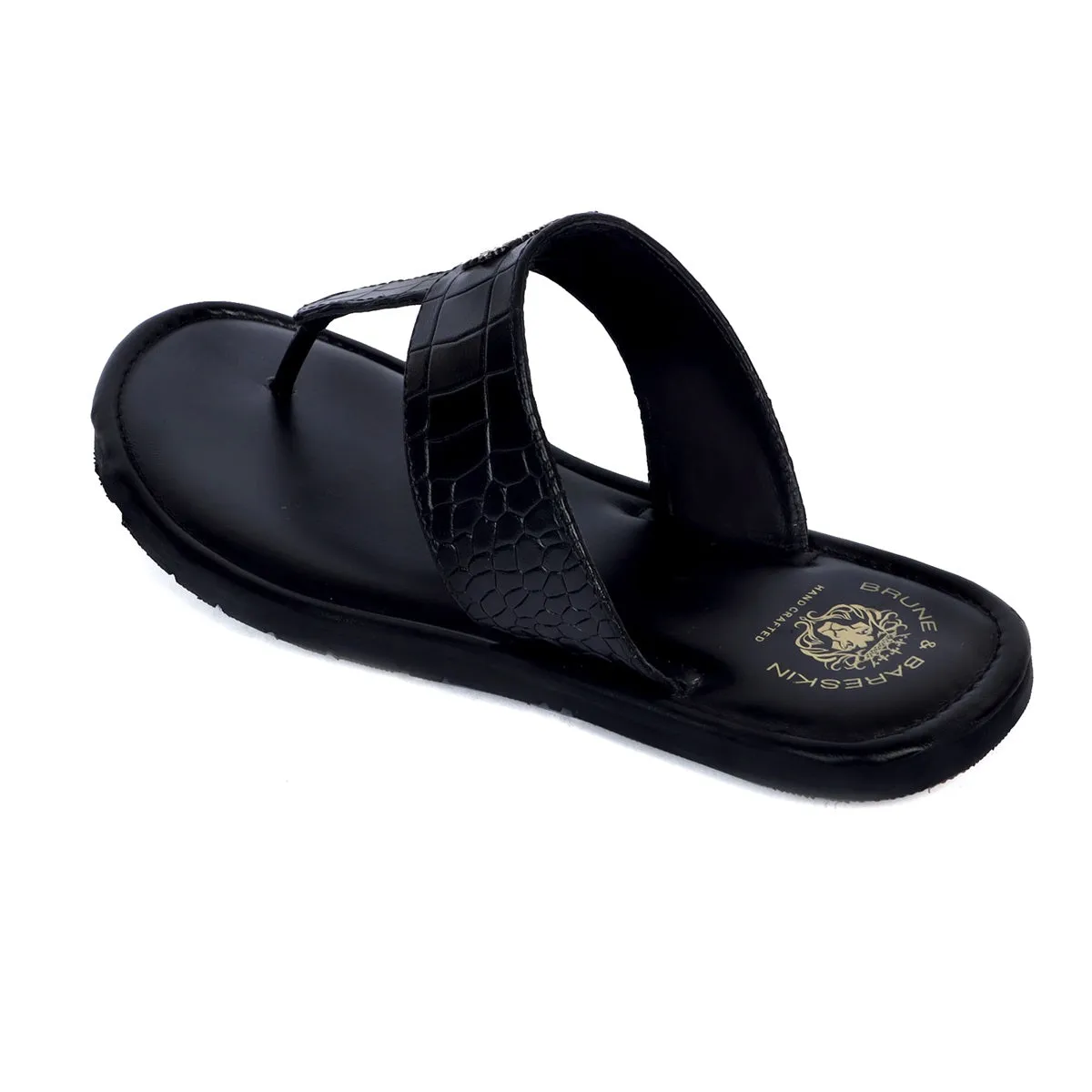 Men's T-Strap Slide-In Slippers in Black Deep Cut Leather