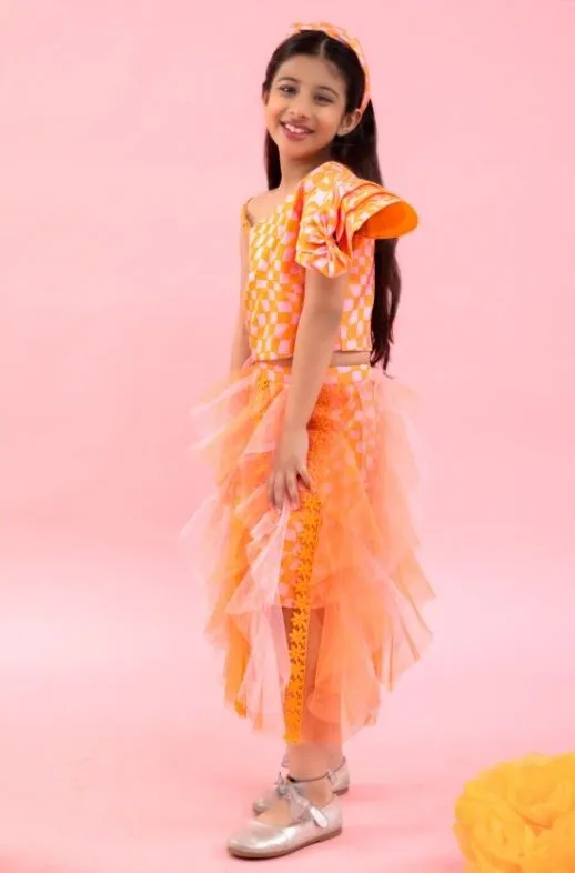 One off Shoulder Crop top with Orange Check Print Skirt