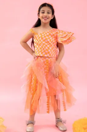 One off Shoulder Crop top with Orange Check Print Skirt