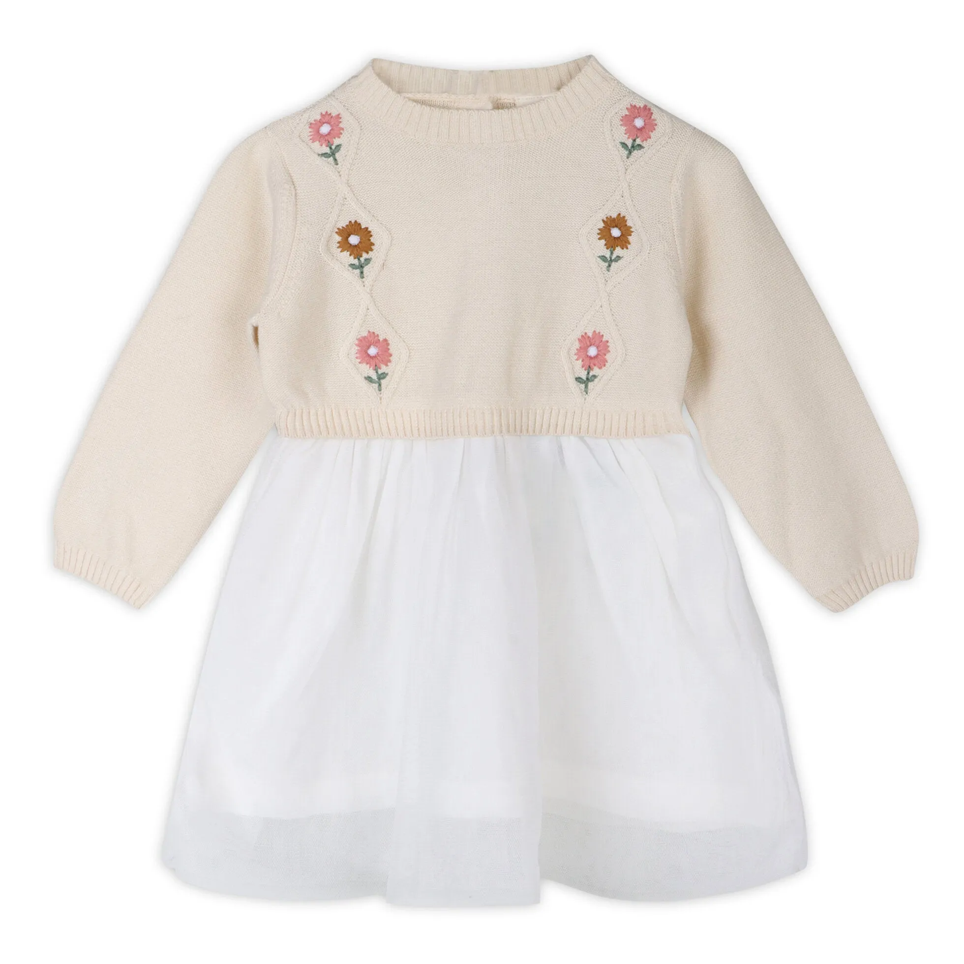Organic Cotton Floral Embroidered Cable Knit Tutu Baby Dress Natural