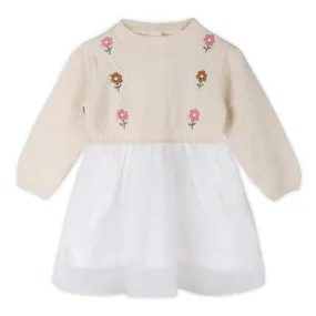 Organic Cotton Floral Embroidered Cable Knit Tutu Baby Dress Natural