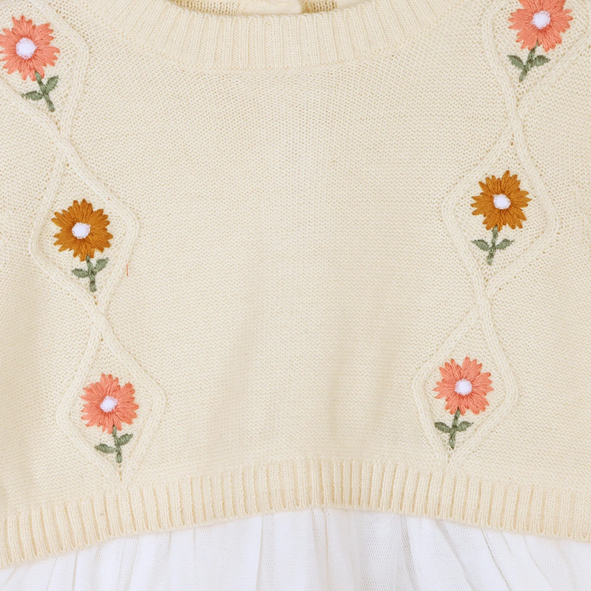 Organic Cotton Floral Embroidered Cable Knit Tutu Baby Dress Natural