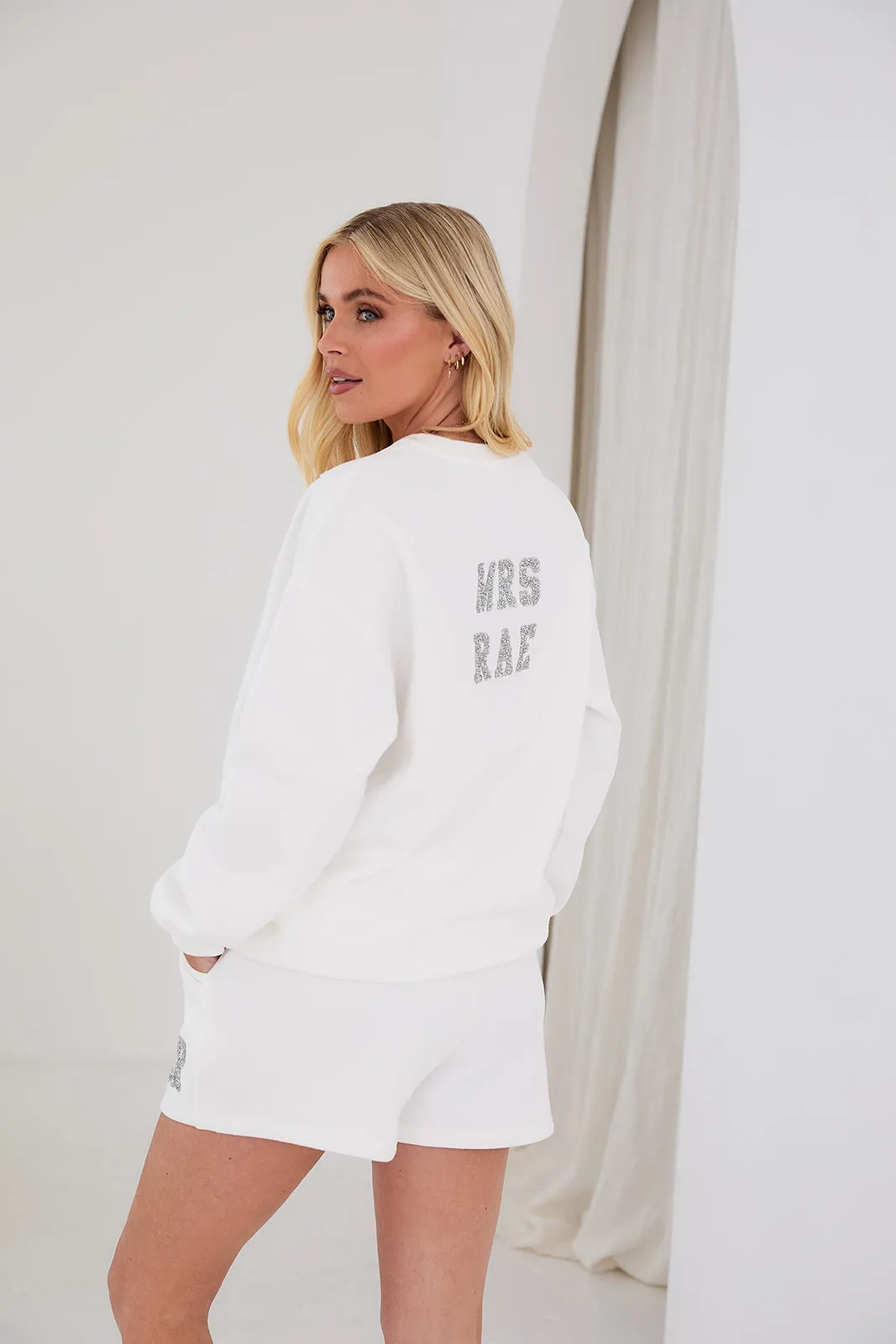 Personalised Bridal Sweatshirt and Short Set With Letter Embellishment - White