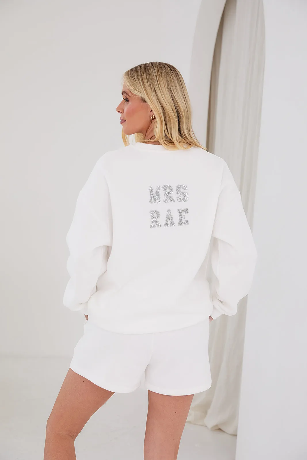 Personalised Bridal Sweatshirt and Short Set With Letter Embellishment - White