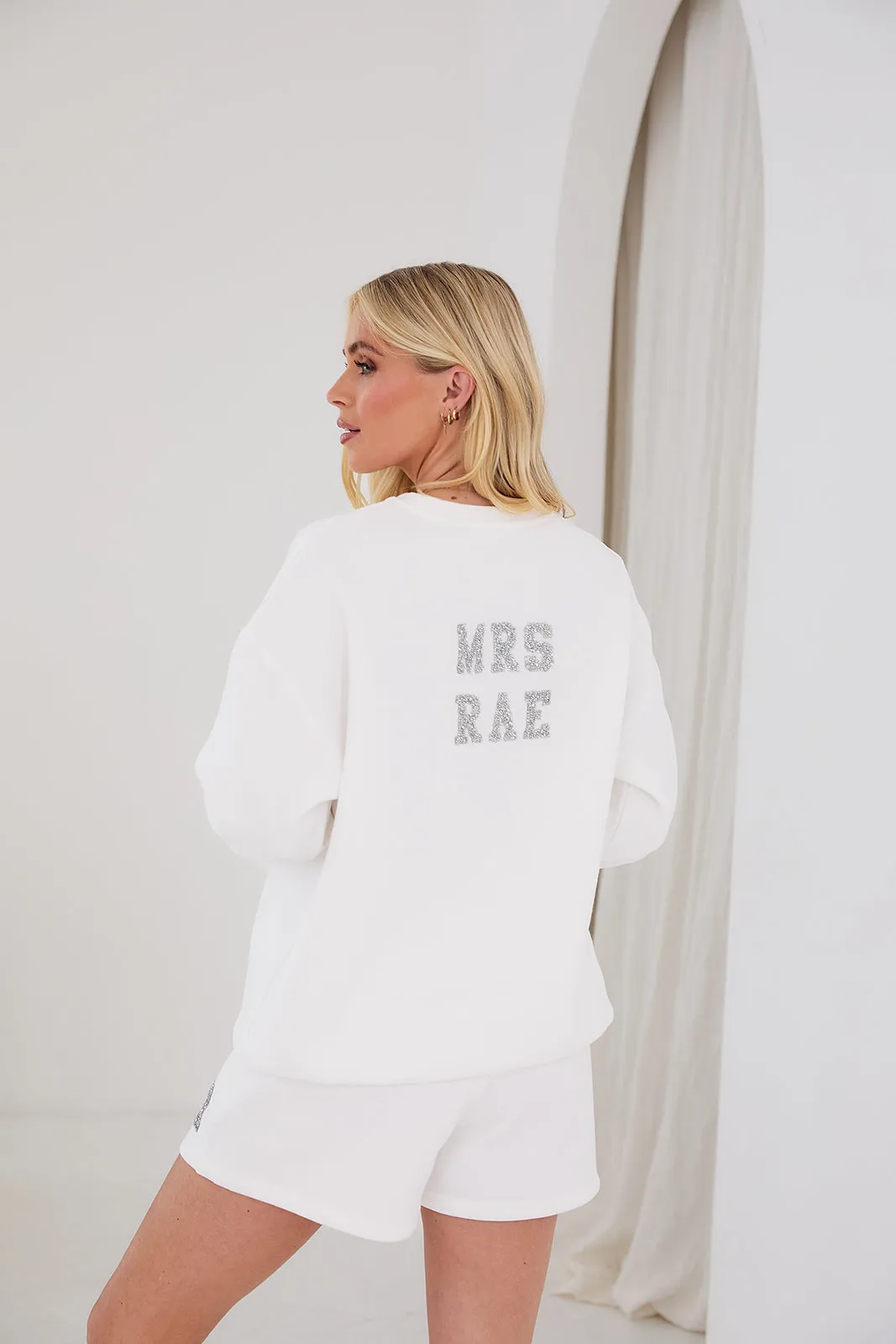 Personalised Bridal Sweatshirt and Short Set With Letter Embellishment - White