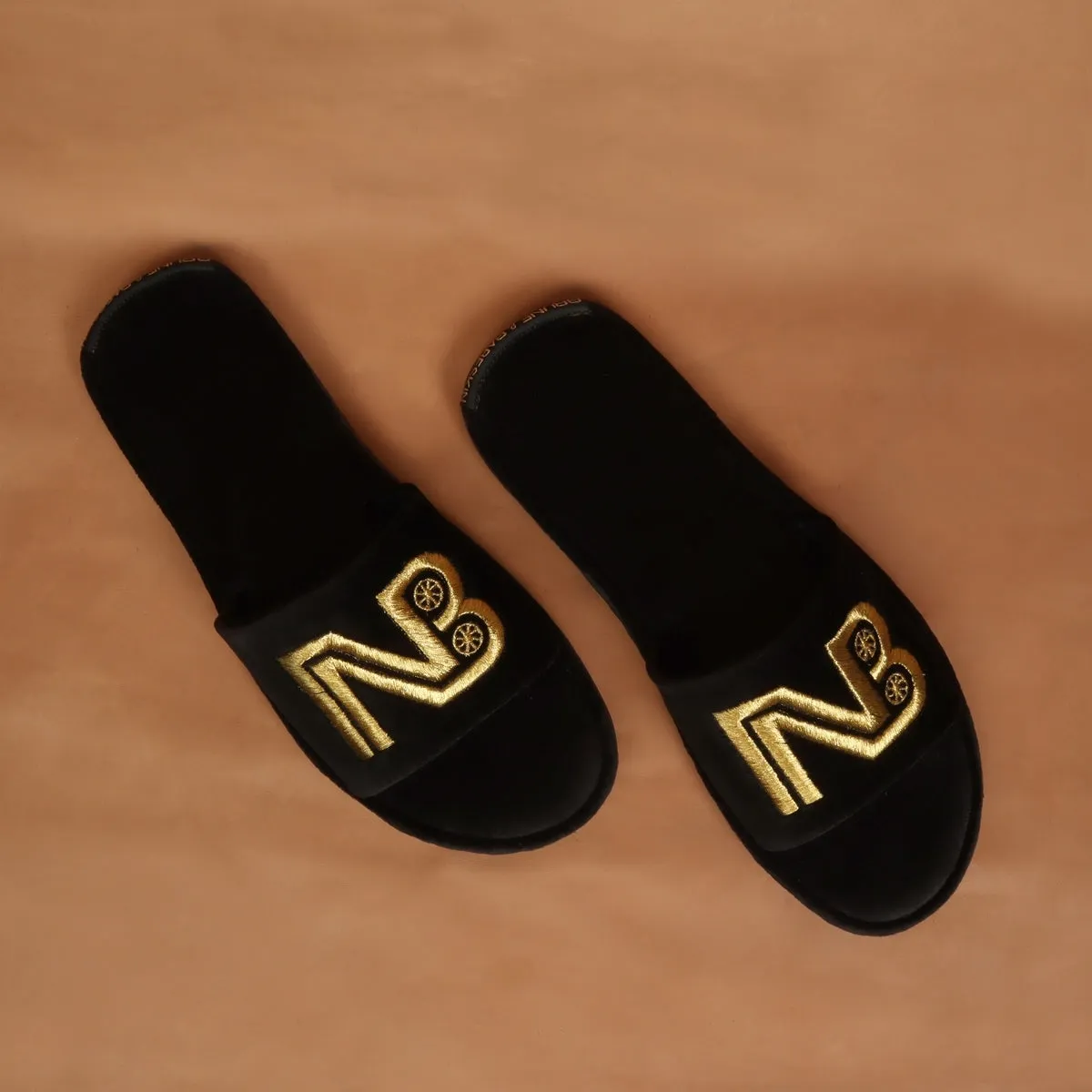 Personalized Embroidered "NB" Initial on Black Velvet Slide-in Slippers By Brune & Bareskin