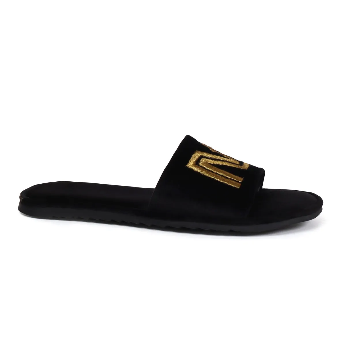 Personalized Embroidered "NB" Initial on Black Velvet Slide-in Slippers By Brune & Bareskin