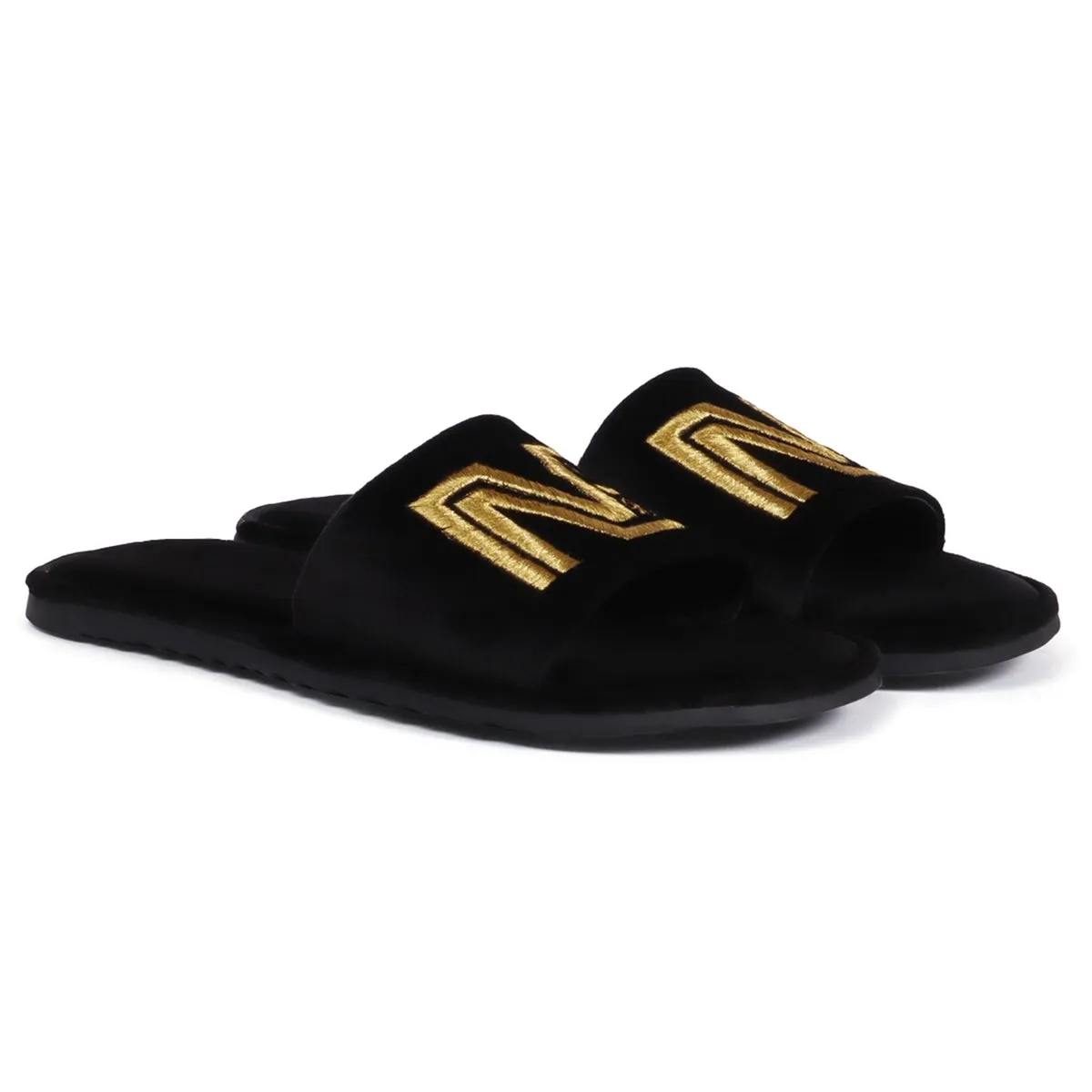 Personalized Embroidered "NB" Initial on Black Velvet Slide-in Slippers By Brune & Bareskin