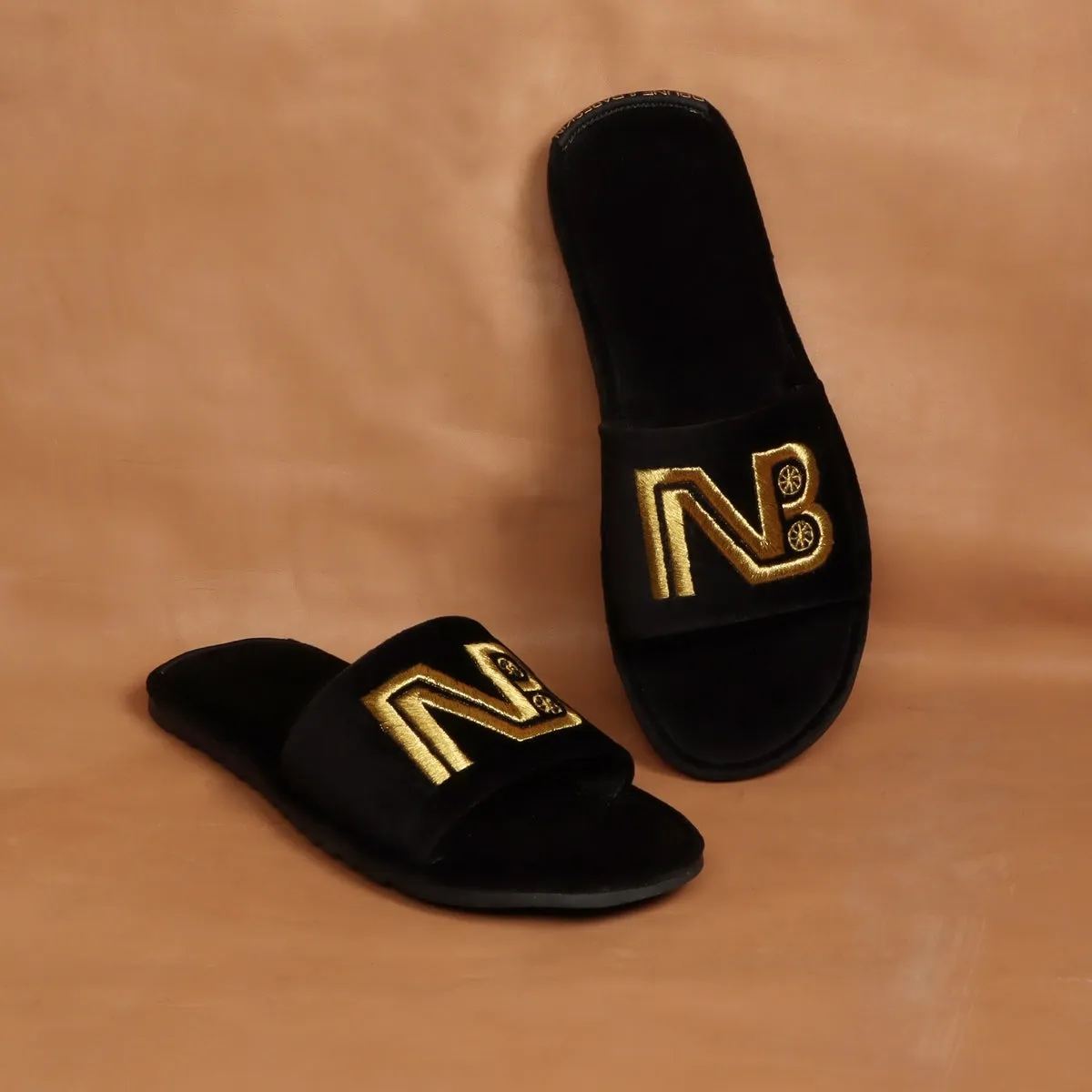 Personalized Embroidered "NB" Initial on Black Velvet Slide-in Slippers By Brune & Bareskin