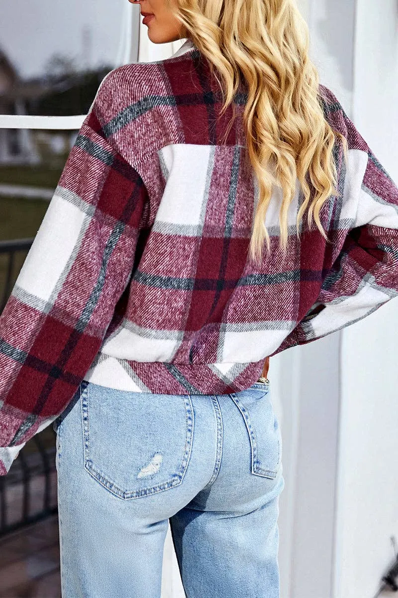 Plaid Button Cropped Coat: Red