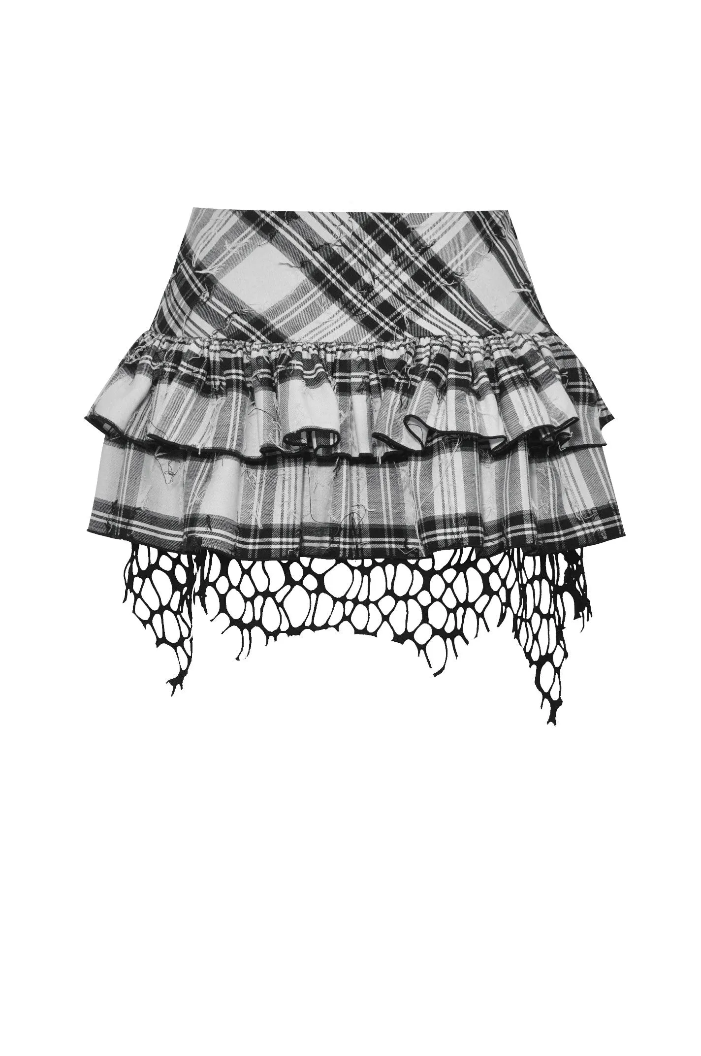 Punk Black and White Checkered Asymmetrical Messy Net Skirt KW373