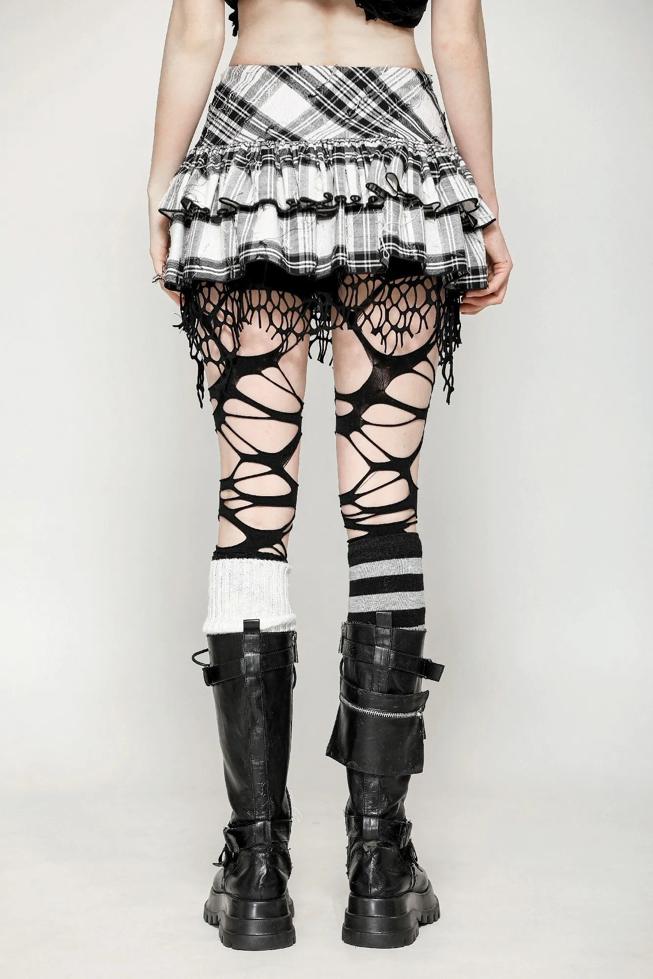 Punk Black and White Checkered Asymmetrical Messy Net Skirt KW373