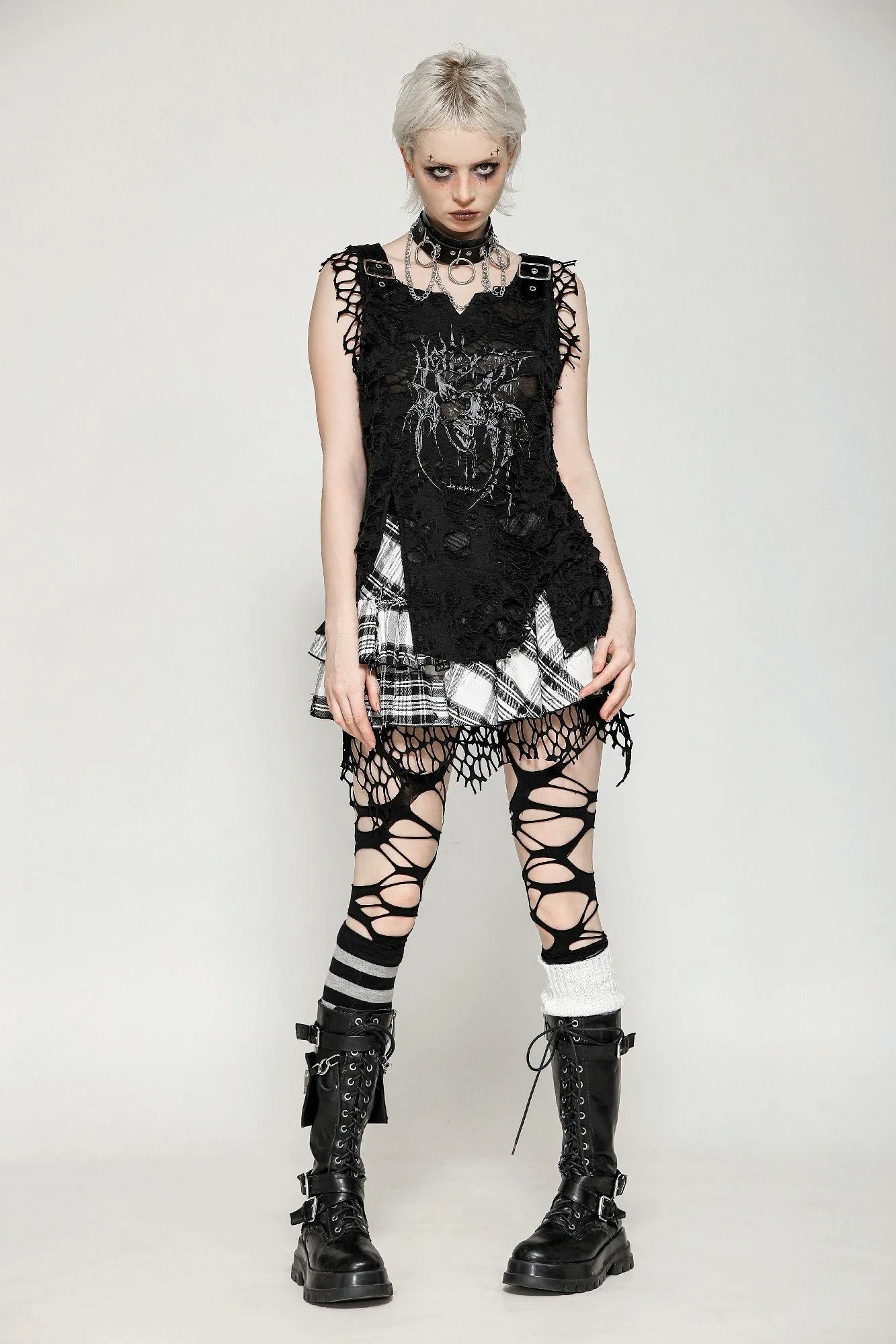 Punk Black and White Checkered Asymmetrical Messy Net Skirt KW373