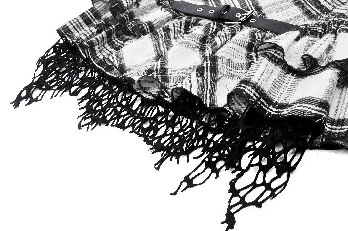 Punk Black and White Checkered Asymmetrical Messy Net Skirt KW373