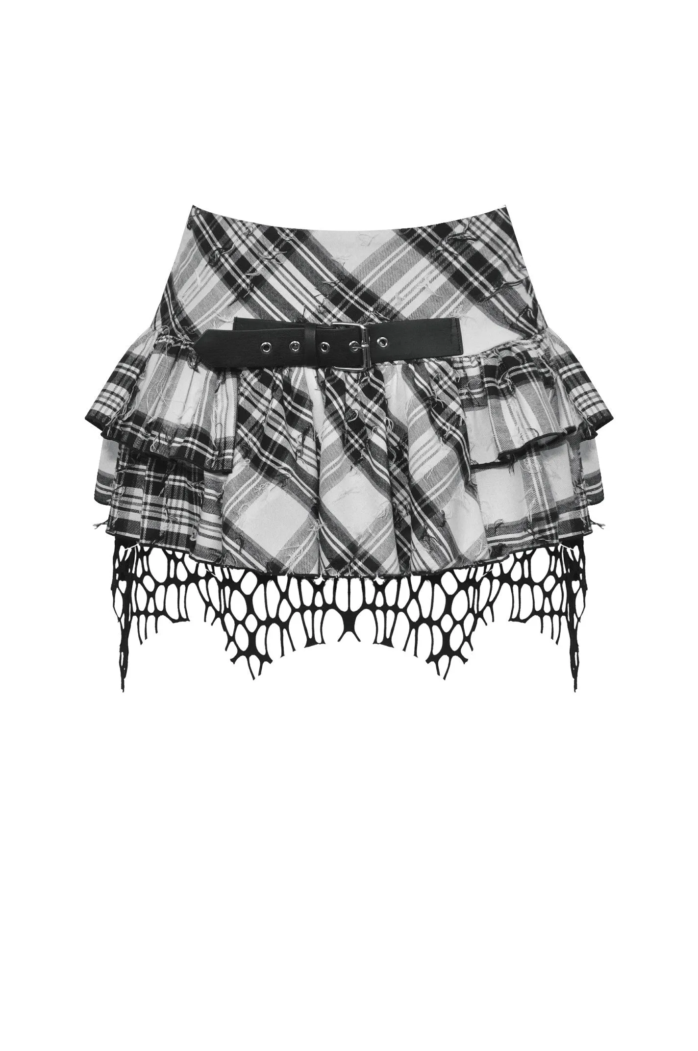 Punk Black and White Checkered Asymmetrical Messy Net Skirt KW373