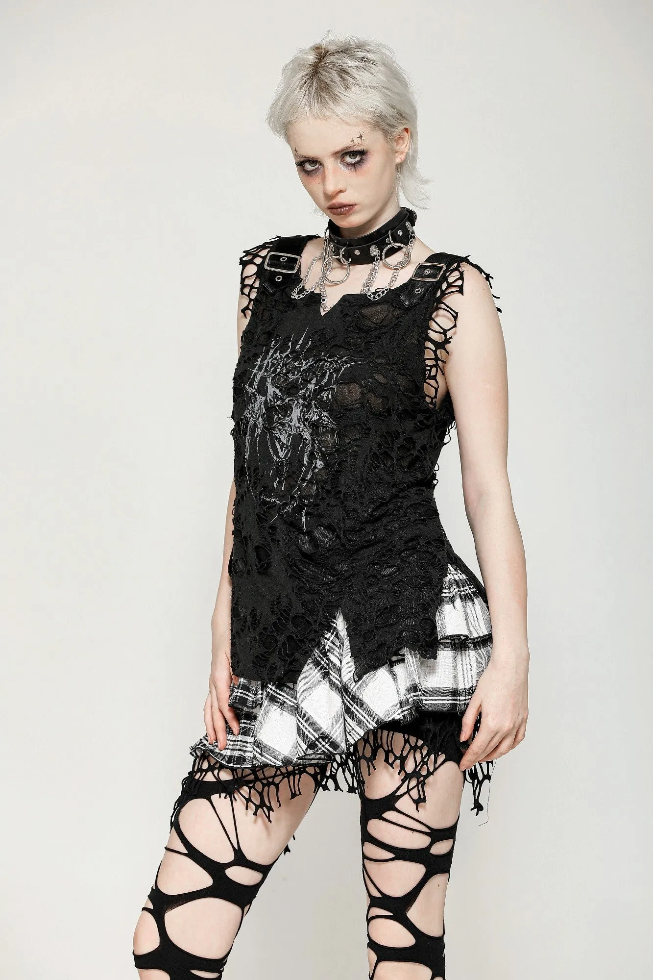 Punk Black and White Checkered Asymmetrical Messy Net Skirt KW373