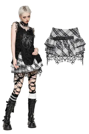 Punk Black and White Checkered Asymmetrical Messy Net Skirt KW373