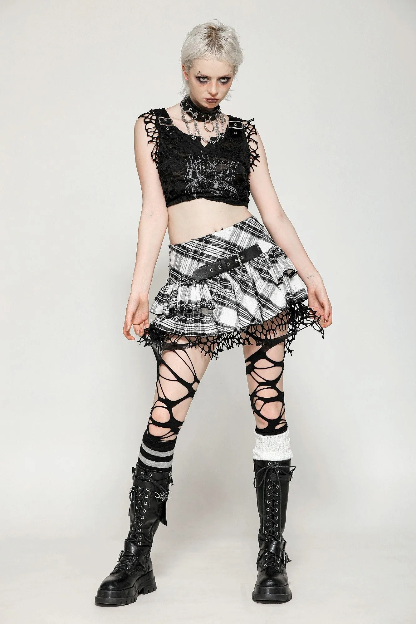 Punk Black and White Checkered Asymmetrical Messy Net Skirt KW373
