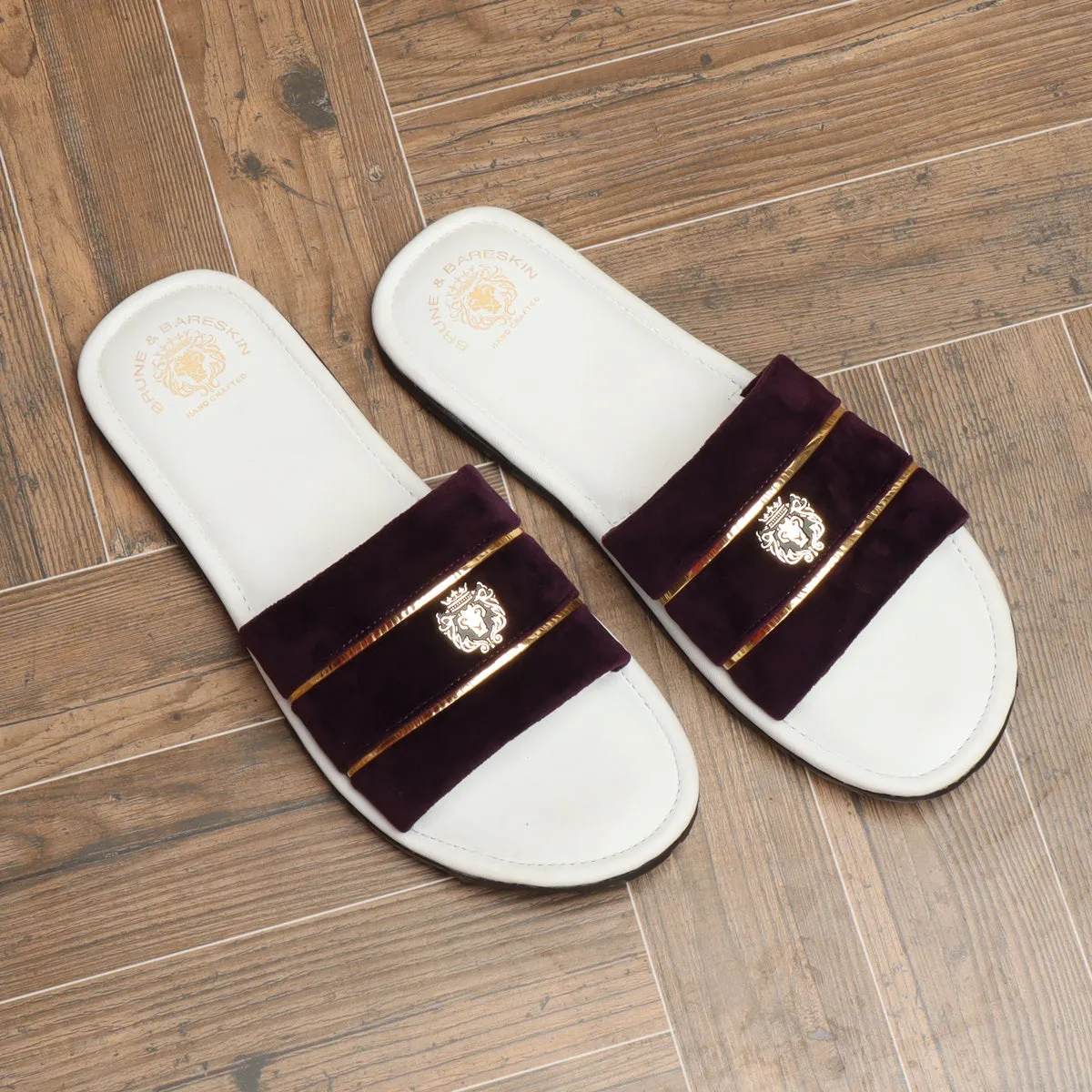 Purple Velvet Strap with White Leather Comfy Base Slide-in Slippers by Brune & Bareskin