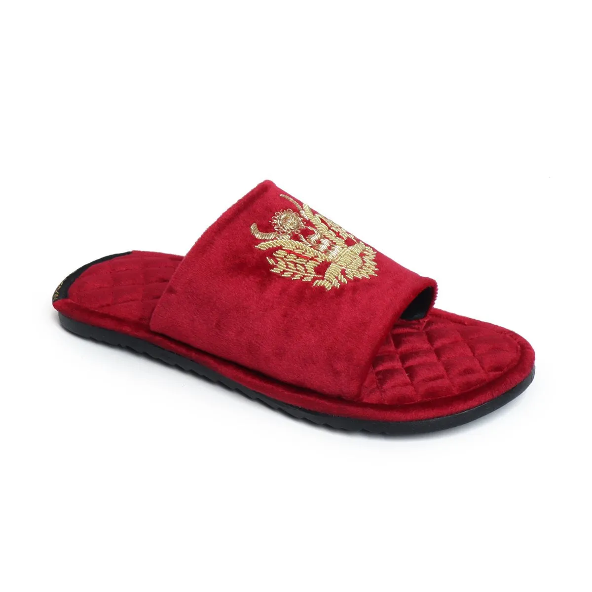 Quilted Base Slide-in Slippers with Crown Eagle Zardosi on Red Velvet