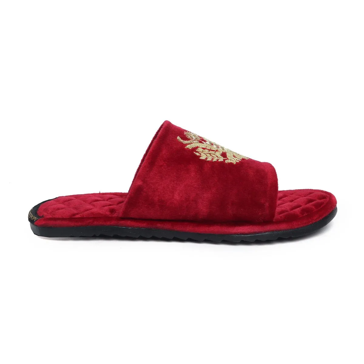 Quilted Base Slide-in Slippers with Crown Eagle Zardosi on Red Velvet