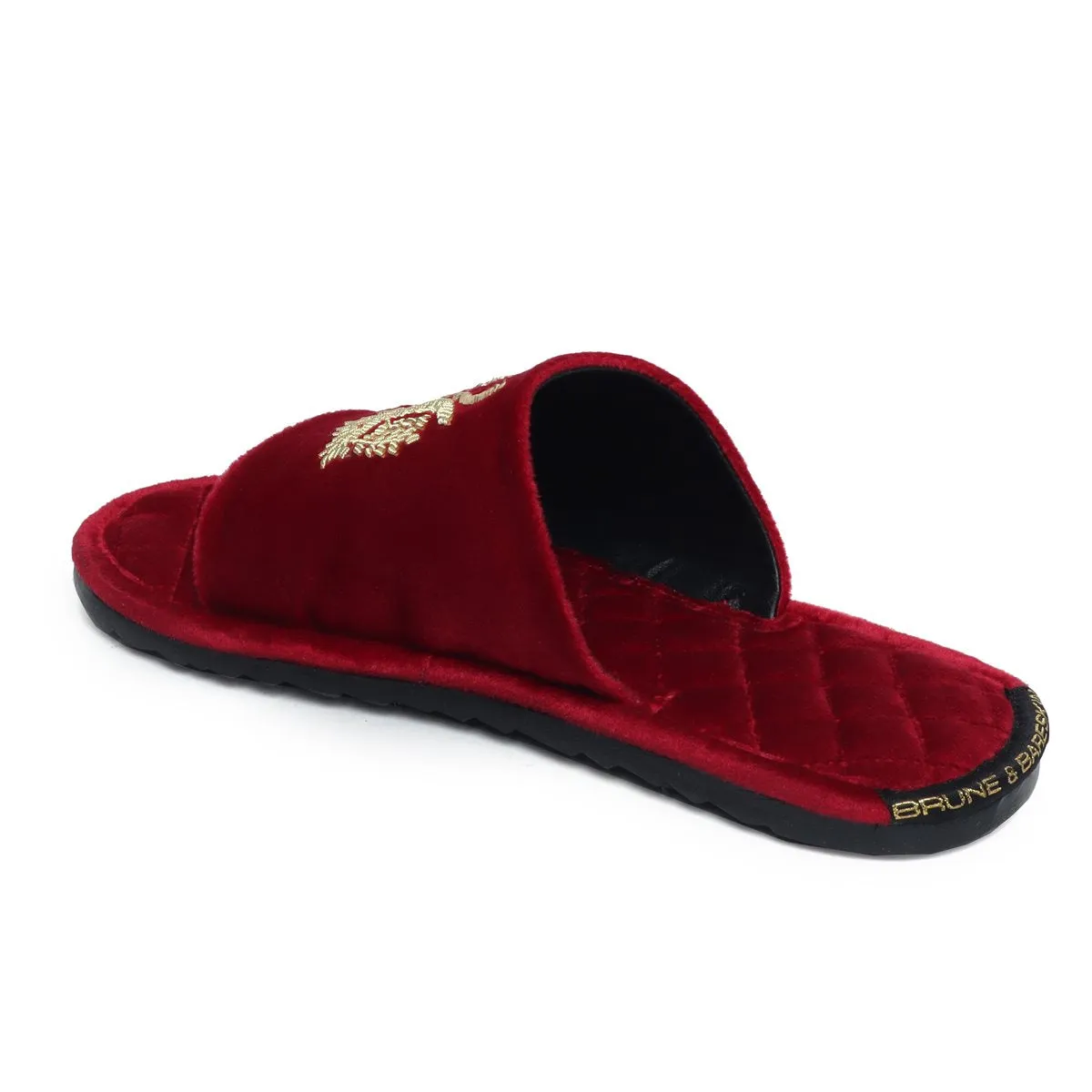 Quilted Base Slide-in Slippers with Crown Eagle Zardosi on Red Velvet