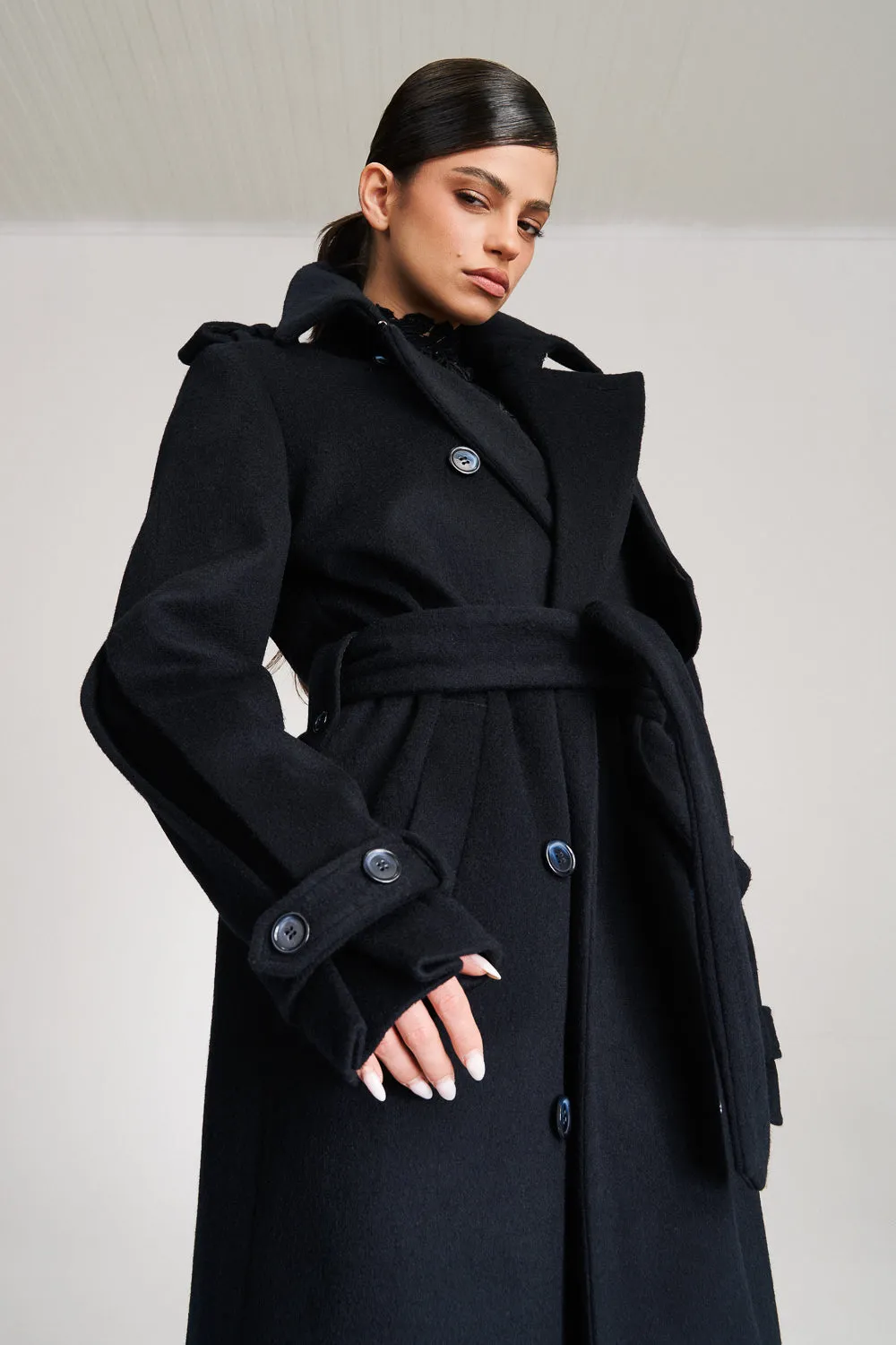 'Safiyya' Belted Double-Breasted Wool Trench Coat