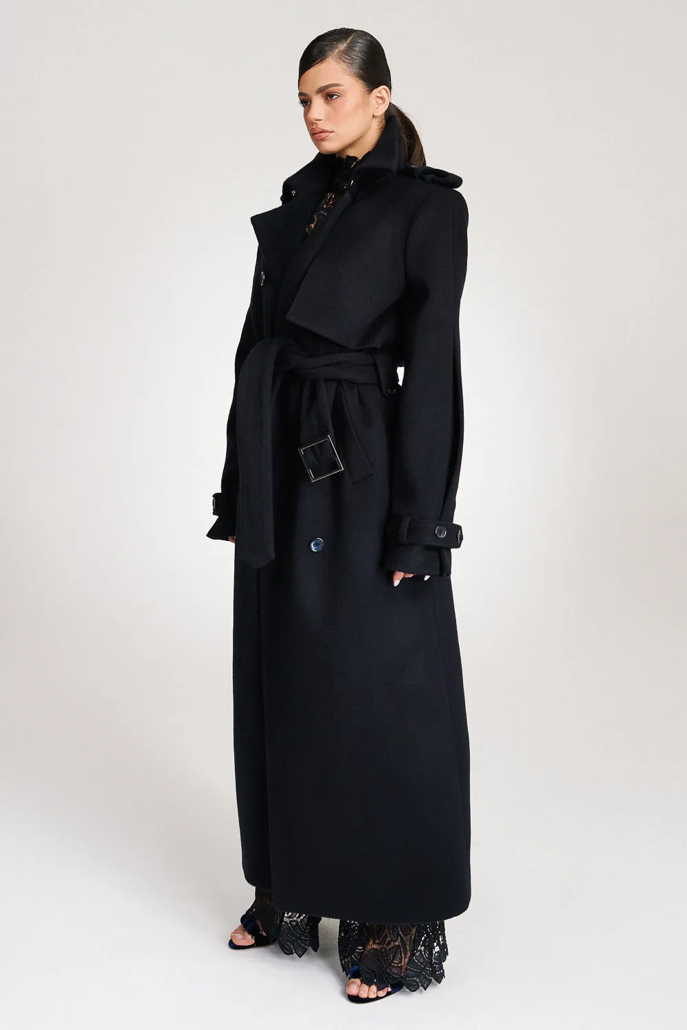 'Safiyya' Belted Double-Breasted Wool Trench Coat
