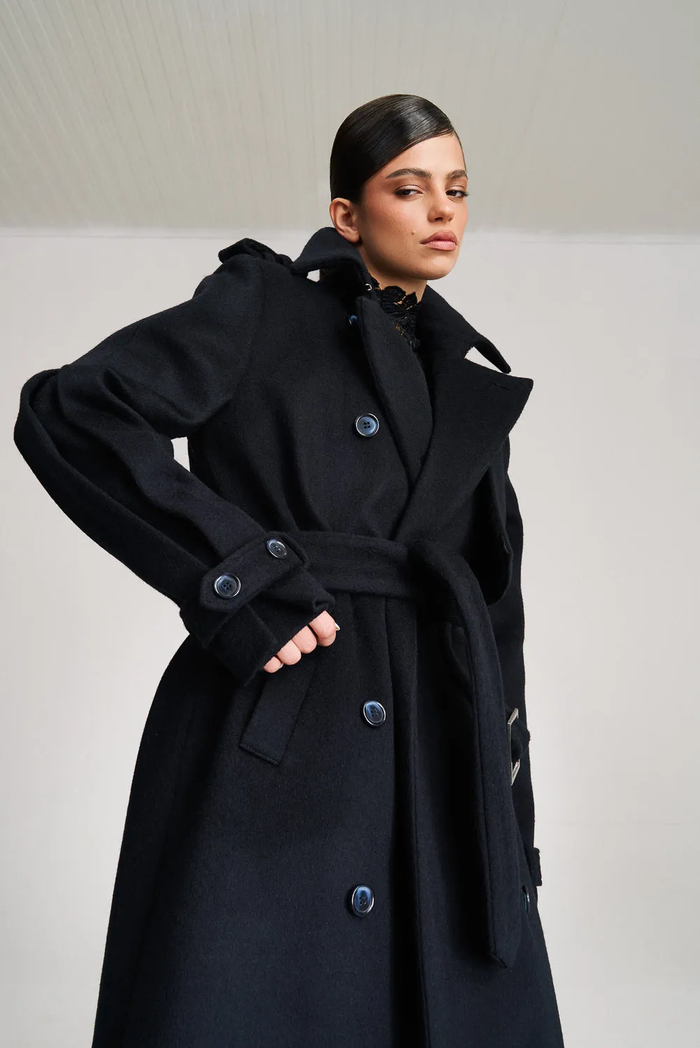 'Safiyya' Belted Double-Breasted Wool Trench Coat