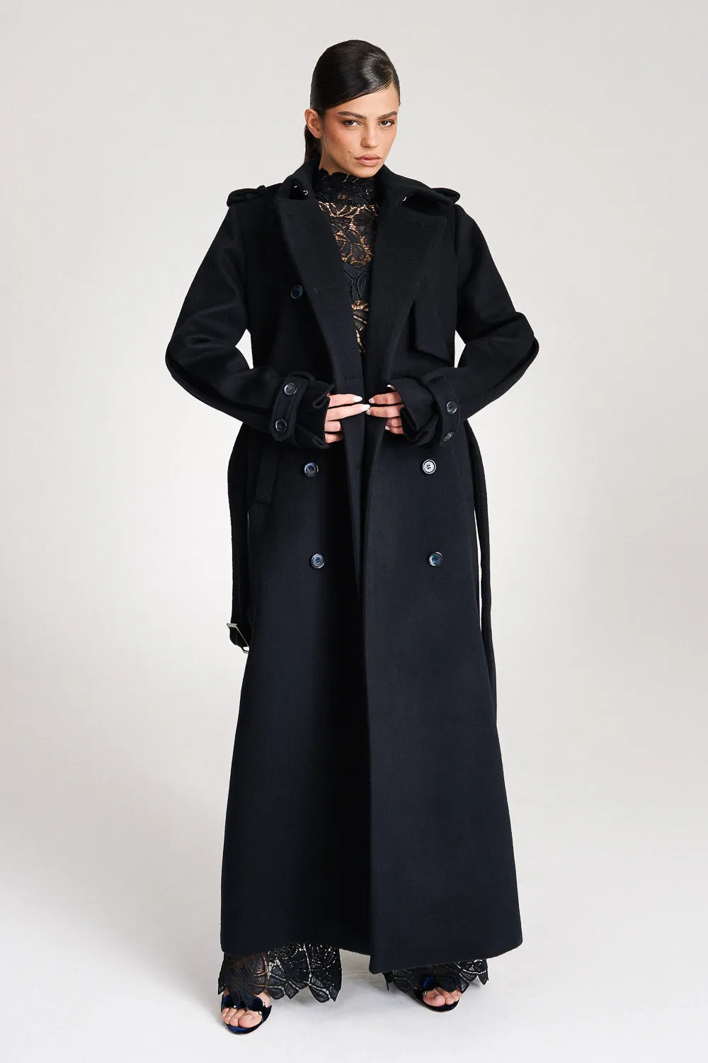 'Safiyya' Belted Double-Breasted Wool Trench Coat